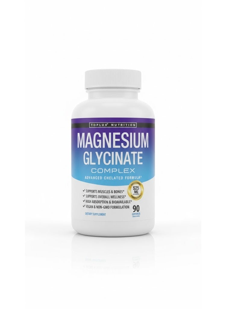 Toplux مركب جليسينات المغنيسيوم 525 مجم، امتصاص عالي، 100% من القيمة اليومية، مركب مركب للتعافي، أقصى قدر من التوافر البيولوجي، نباتي للرجال والنساء، 90 كبسولة، توبلوكس - Image 1